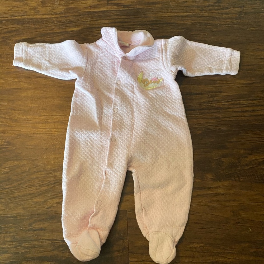 0-6M pink footie pajama with teddy bear stitch